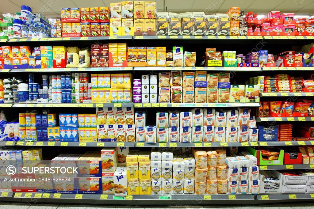 Shelves with cooking and bakery ingredients, self-service, food department, supermarket, Germany, Europe