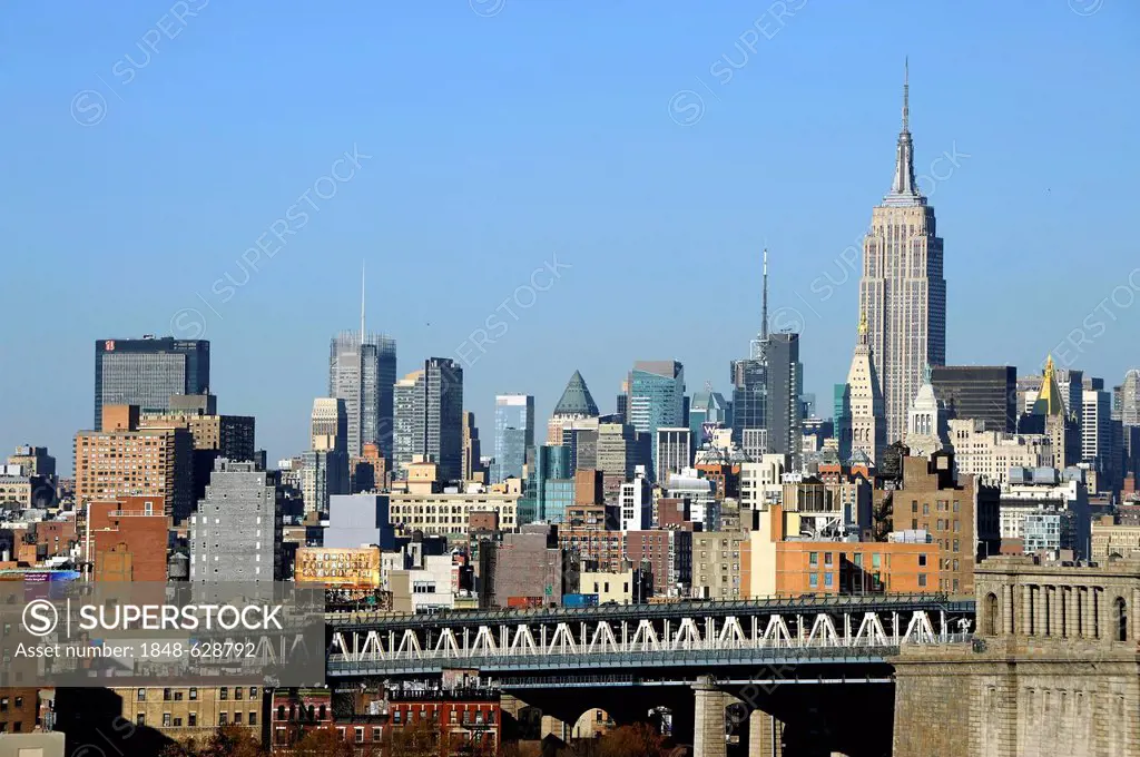 View from Brooklyn Bridge to Manhattan Bridge and the Empire State Building, Manhattan, New York City, New York, USA, North America