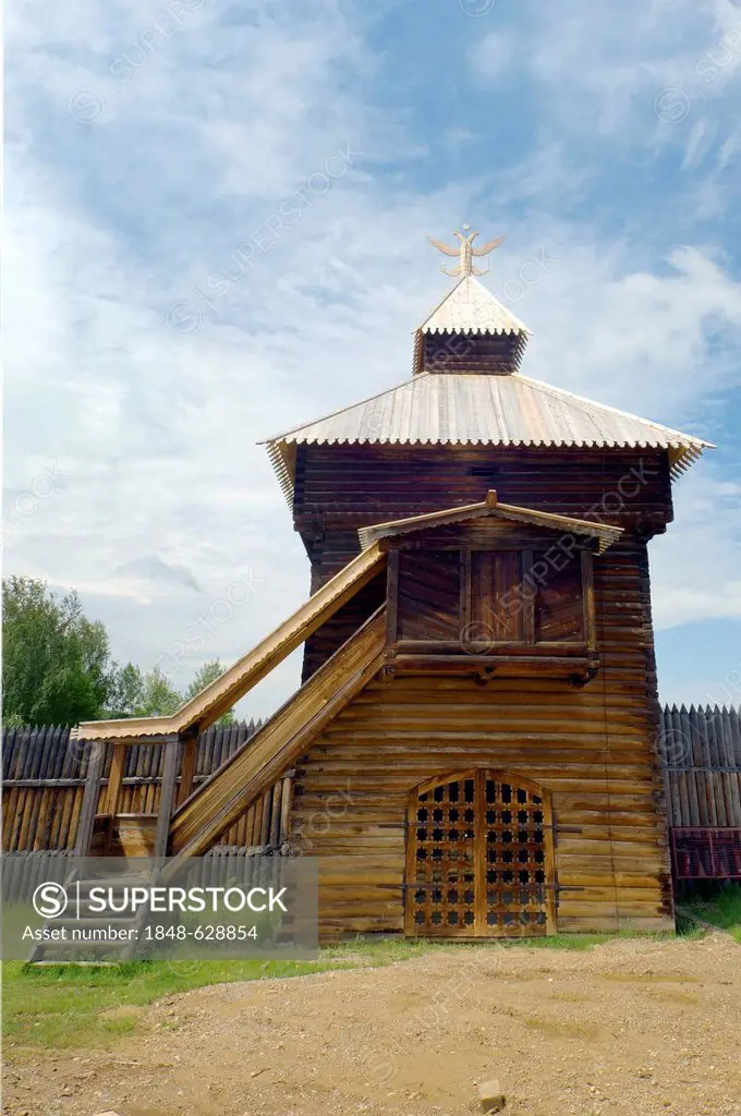 Spassky tower of the Ylym jail, 1667, Irkutsk Architectural and Ethnographic Museum Taltsy, settlement of Talzy, Irkutsk region, Baikal, Siberia, Russ...