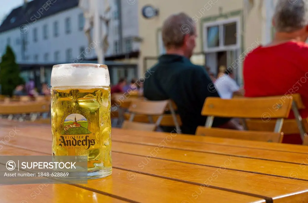 A glass of Andechs Beer on a restaurant table, Andechs, Bavaria, Germany, Europe