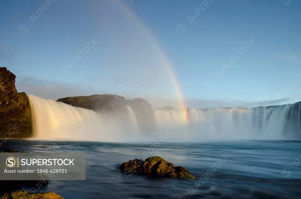 Rainbow, Goðafoss waterfall on the Skjálfandafljót river, Ring Road, Norðurland eystra, Northeast Iceland, Iceland, Europe
