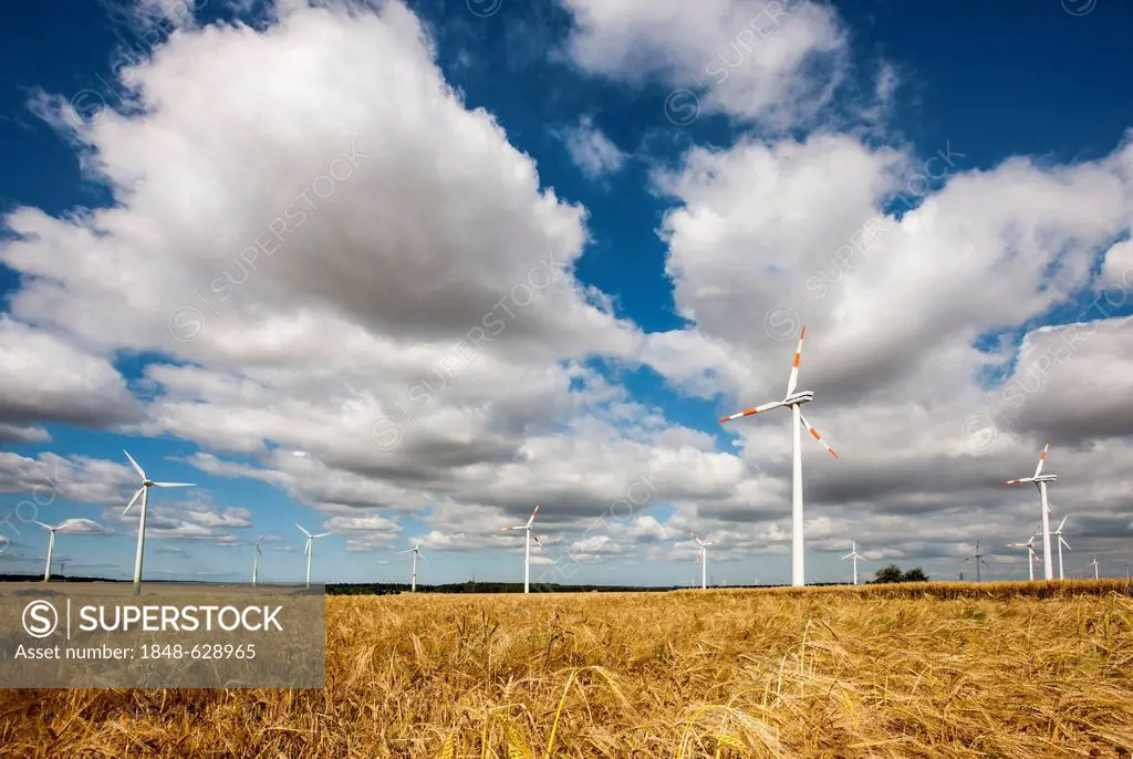 Wind turbines, wind power plant, wind farm, high voltage power lines, at Meerhof, North Rhine-Westphalia, Germany, Europe