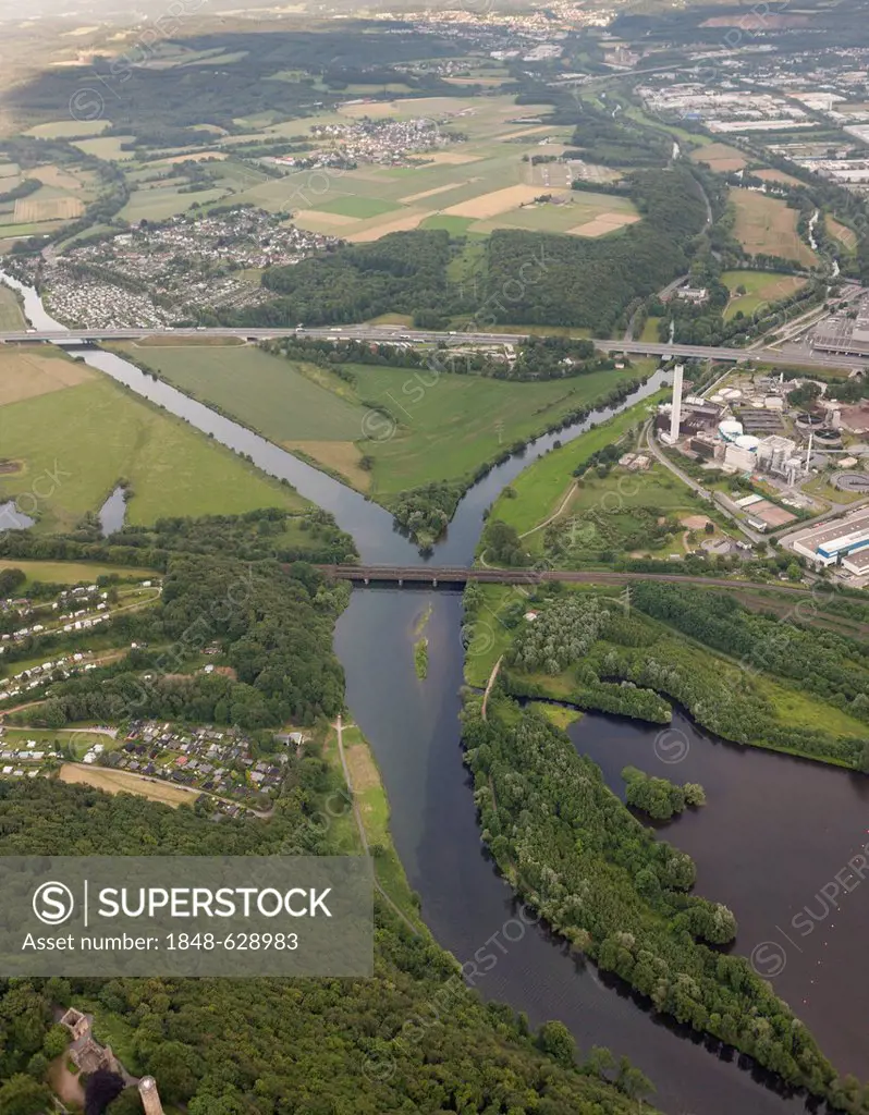 Aerial view, Volme river entering the Ruhr river, Dortmund, Ruhr area, North Rhine-Westphalia, Germany, Europe