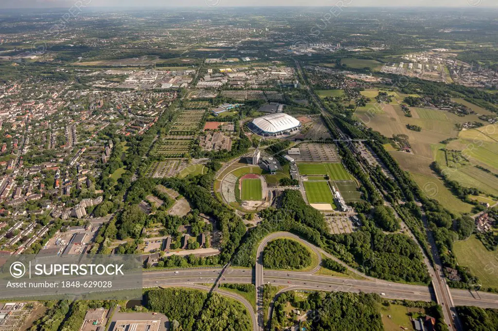 Aerial view, Bergerfeld, Arena auf Schalke stadium or Veltins-Arena stadium, a comprehensive school and the technical emergency service, THW, Gelsenki...