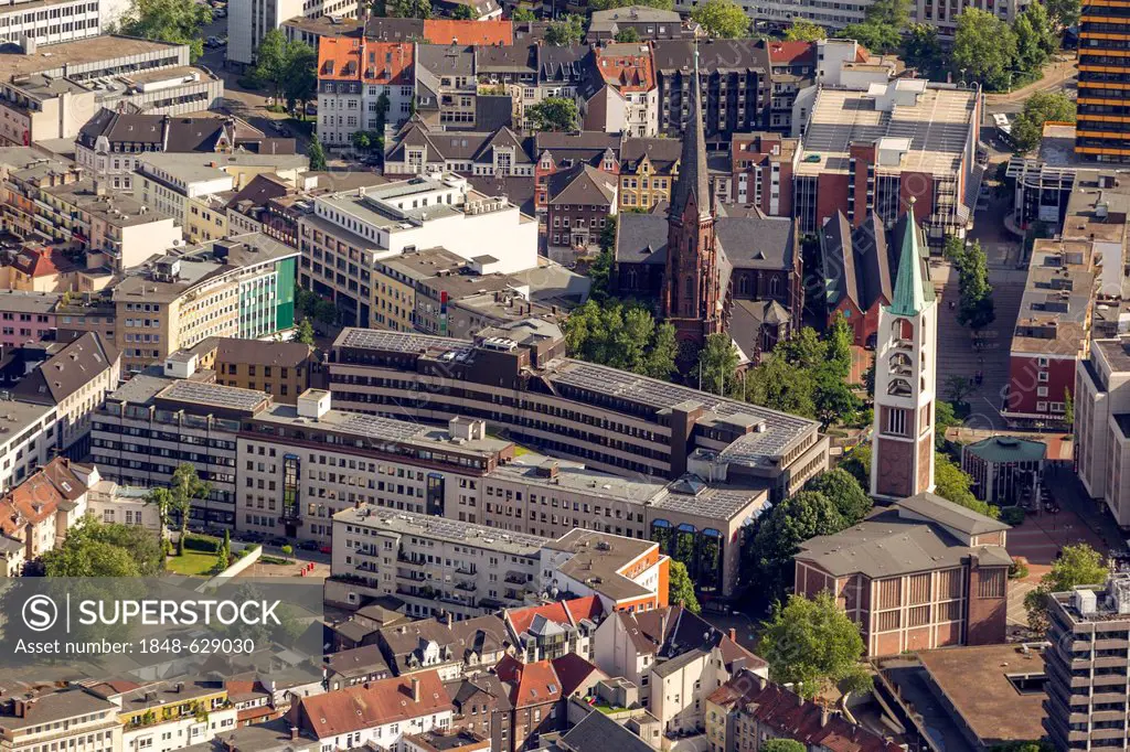 Aerial view, solar panels on the Sparkasse building, Gelsenkirchen, Ruhr area, North Rhine-Westphalia, Germany, Europe