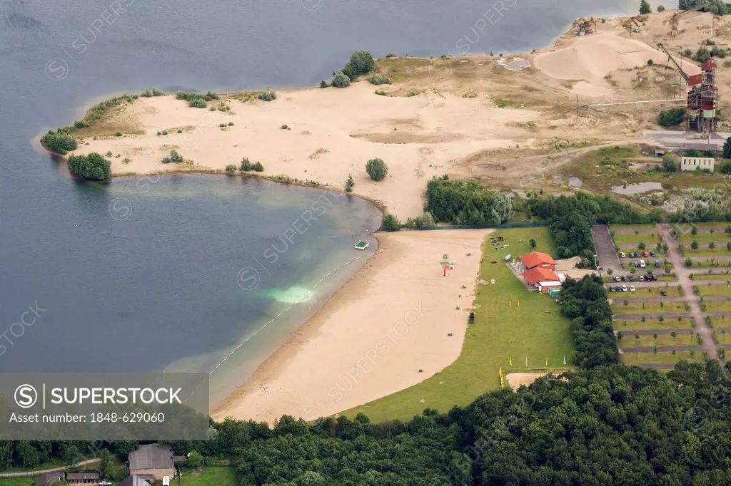 Aerial view, open-air swimming area at Tenderingssee lake, Voerde, Lower Rhine region, Ruhr Area, North Rhine-Westphalia, Germany, Europe
