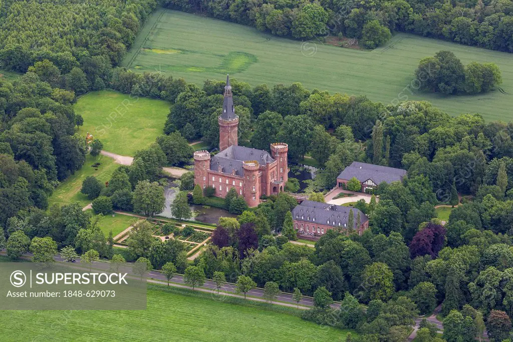 Aerial view, Schloss Moyland Castle, neo-Gothic style, Bedburg-Hau, Lower Rhine region, North Rhine-Westphalia, Germany, Europe