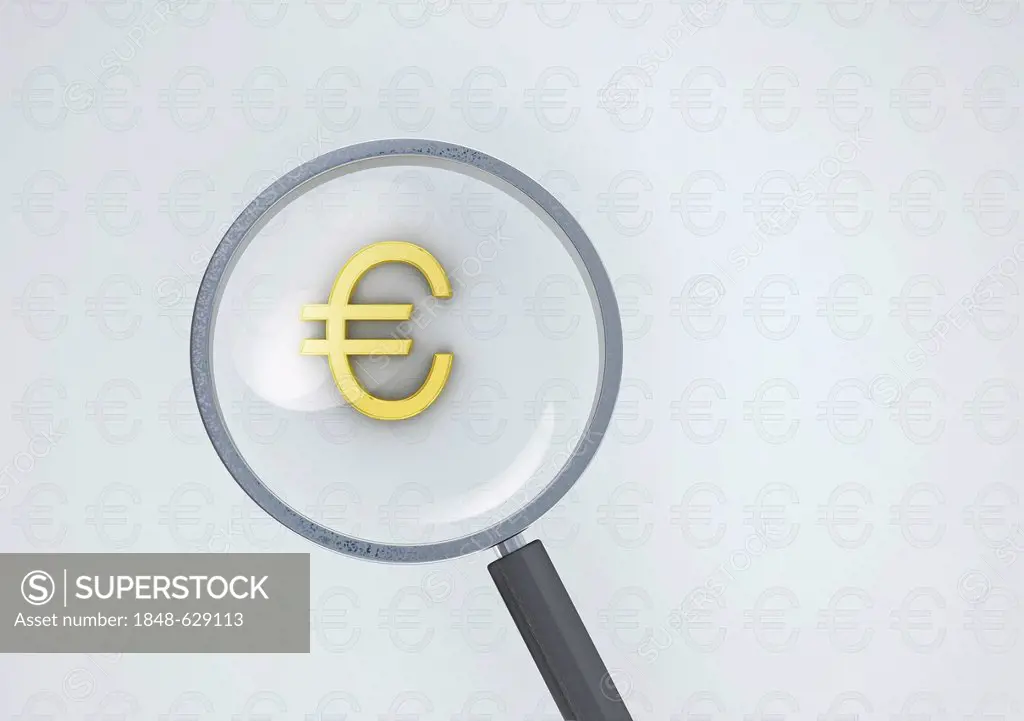 Magnifying glass with a golden euro symbol, conceptual image for currency dominance or exchange rates