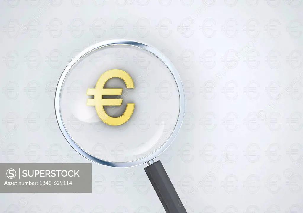 Magnifying glass with a golden euro symbol, conceptual image for currency dominance or exchange rates