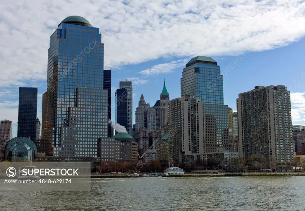 New York skyline with Three World Financial Center, Tribeca, West Street, Lower Manhatten, Manhatten, New York, USA