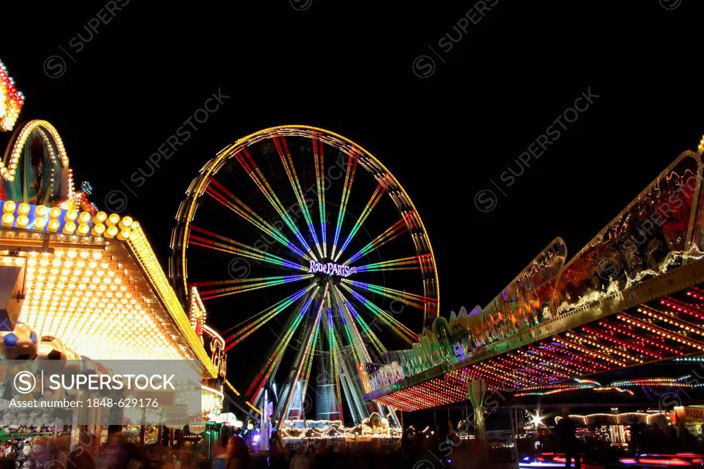 Fairground, ferris wheel, many lights, amusement park at night, marksmen's festival, Biberach, Upper Swabia, Baden-Wuerttemberg, Germany, Europe
