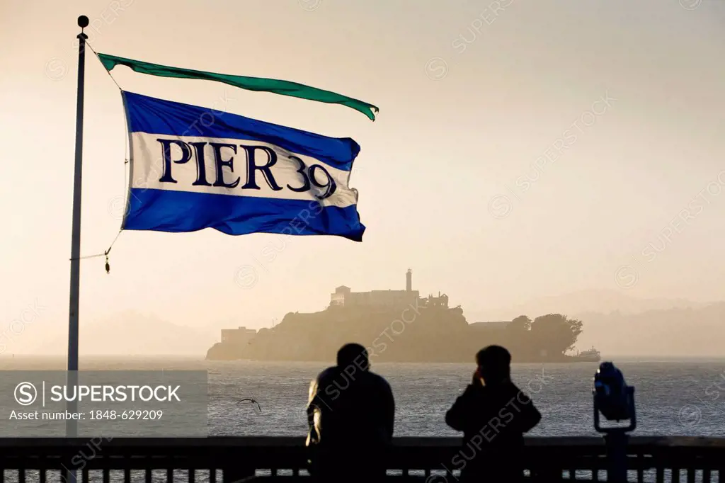 View from Pier 39, Fisherman's Wharf, to the former prison island of Alcatraz, San Francisco, California, USA, North America
