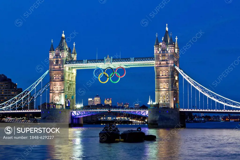 Tower Bridge with Olympic rings, London, England, United Kingdom, Europe