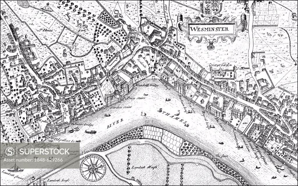 Historic drawing, city map of Westminster with the River Thames, 17th century, a district of London, England, Europe