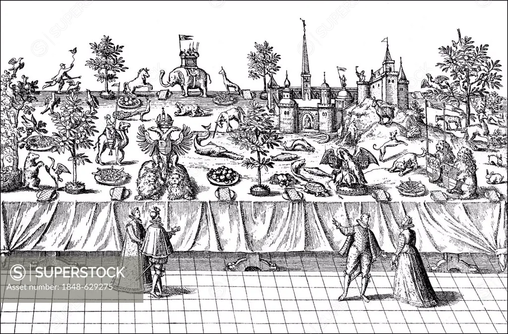 Historic drawing, courtly pomp table in England, around 1600