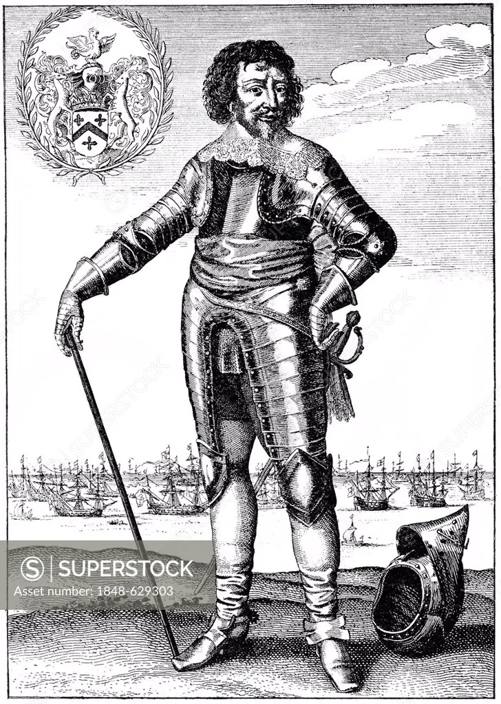 Historic drawing, portrait of Robert Rich, 2nd Earl of Warwick, 1587 - 1658, an English colonial administrator, admiral and puritan