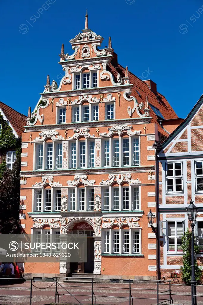 Restored Buergermeister-Hintze-Haus, Mayor Hintze building, in the small town of Stade, Lower Saxony, Germany, Europe