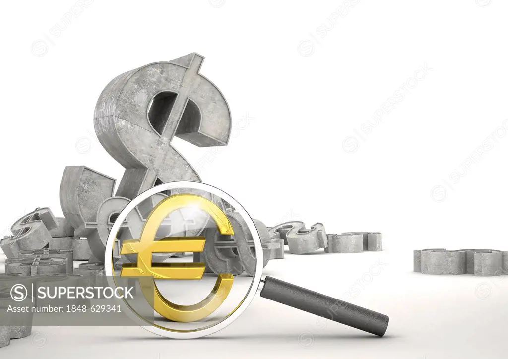 Euro sign seen through a magnifying glass, dollar signs behind, concept image for currency