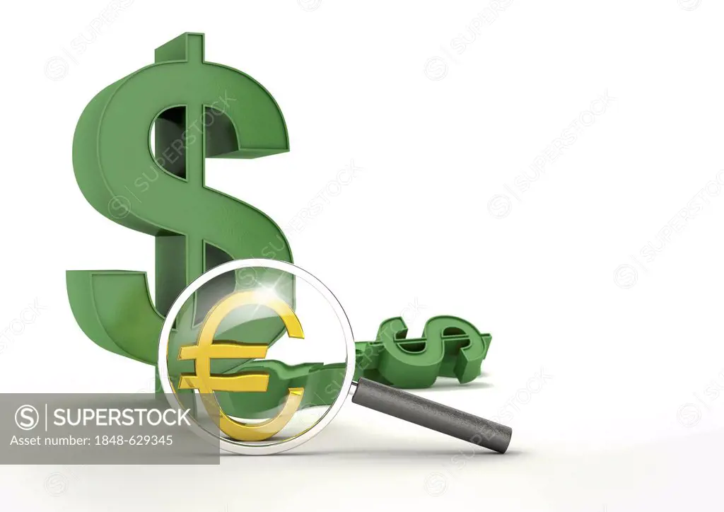 Euro sign seen through a magnifying glass, dollar signs behind, concept image for currency