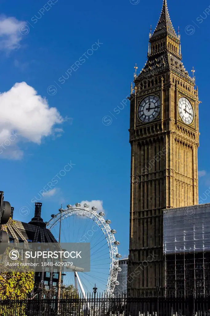 Clock Tower, Big Ben, Palace of Westminster, Unesco World Heritage Site, behind the London Eye, London, England, United Kingdom, Europe
