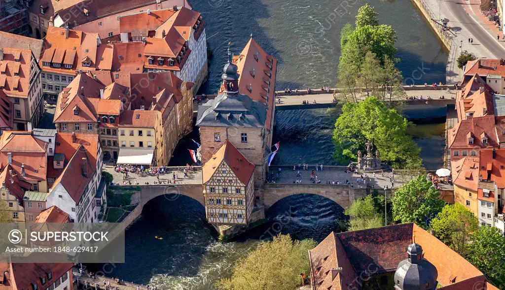 Aerial view, old town hall, Main river, Bamberg, Upper Franconia, Bavaria, Germany, Europe