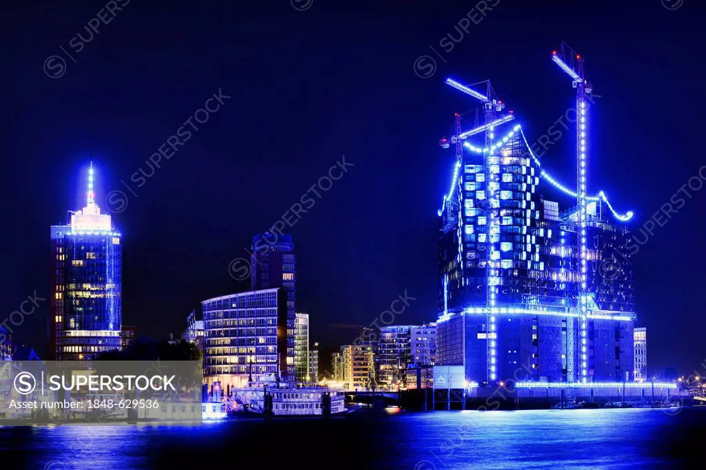 Elbe Philharmonic Hall and Blue Port illuminations in Hamburg, Germany, Europe