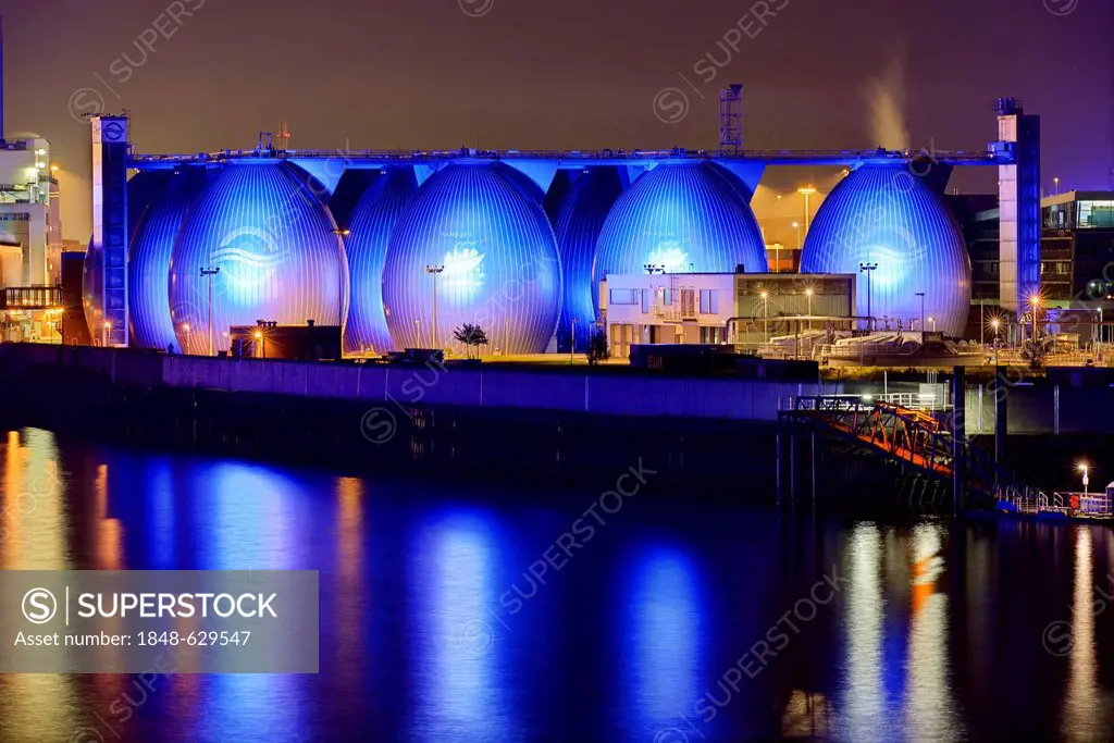 Koehlbrandhoeft sewage works and Blue Port illuminations, Hamburg, Germany, Europe