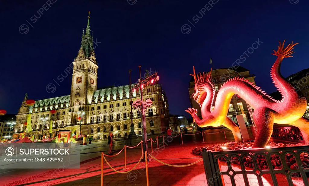 Sculpture of a copper dragon in Rathausmarkt square for China Time 2012 in Hamburg, Germany, Europe