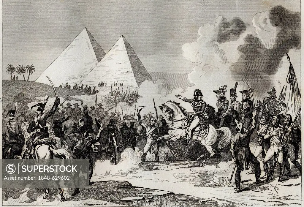 Napoleon, Battle of the Pyramids, 21st July 1798, Egypt, historical illustration, 1860