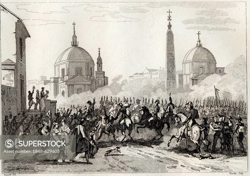 Napoleon and French Army entering Rome, Italy, historical illustration, 1860