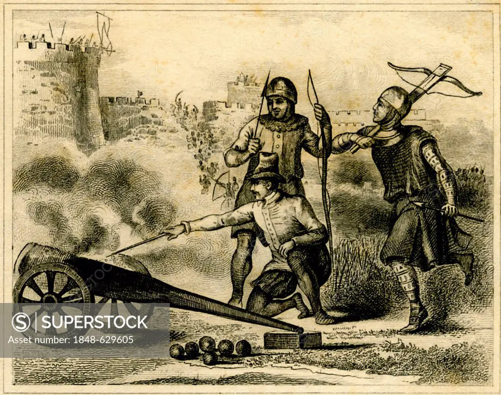 English artillery and soldiers in XIII century, historical print from 1860