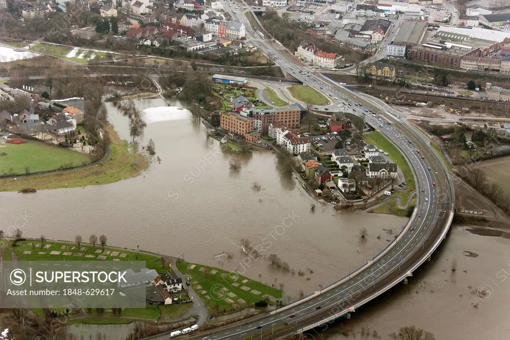 Aerial view, river Ruhr flood, Hattingen, Ruhrgebiet area, North Rhine-Westphalia, Germany, Europe