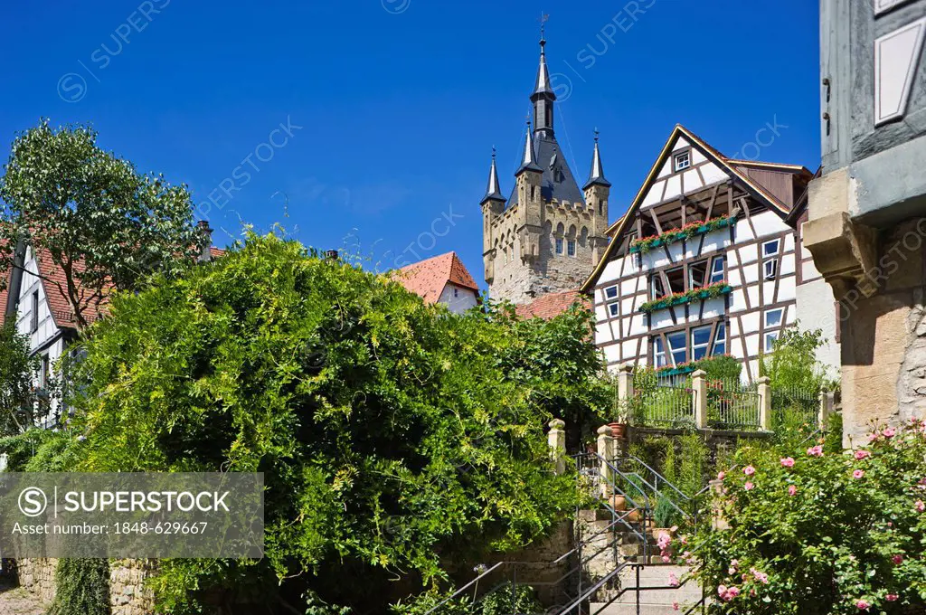 Street in the historic town centre with Blue Tower, Bad Wimpfen, Neckartal, Baden-Wuerttemberg, Germany, Europe