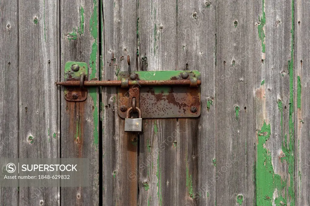 Door of a shed with and old bolt and lock, North Rhine-Westphalia, Germany, Europe, PublicGround