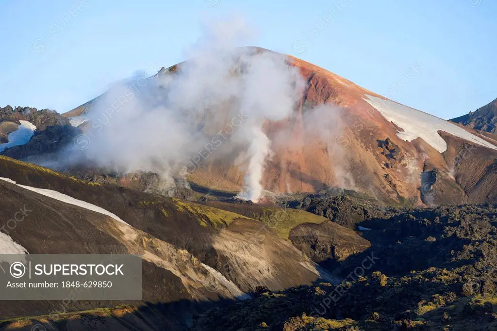 View from the Bláhnúkur volcano to the Brennisteinsalda volcano and the Laugahraun lava field, rhyolite mountains, high temperature area, Landmannalau...
