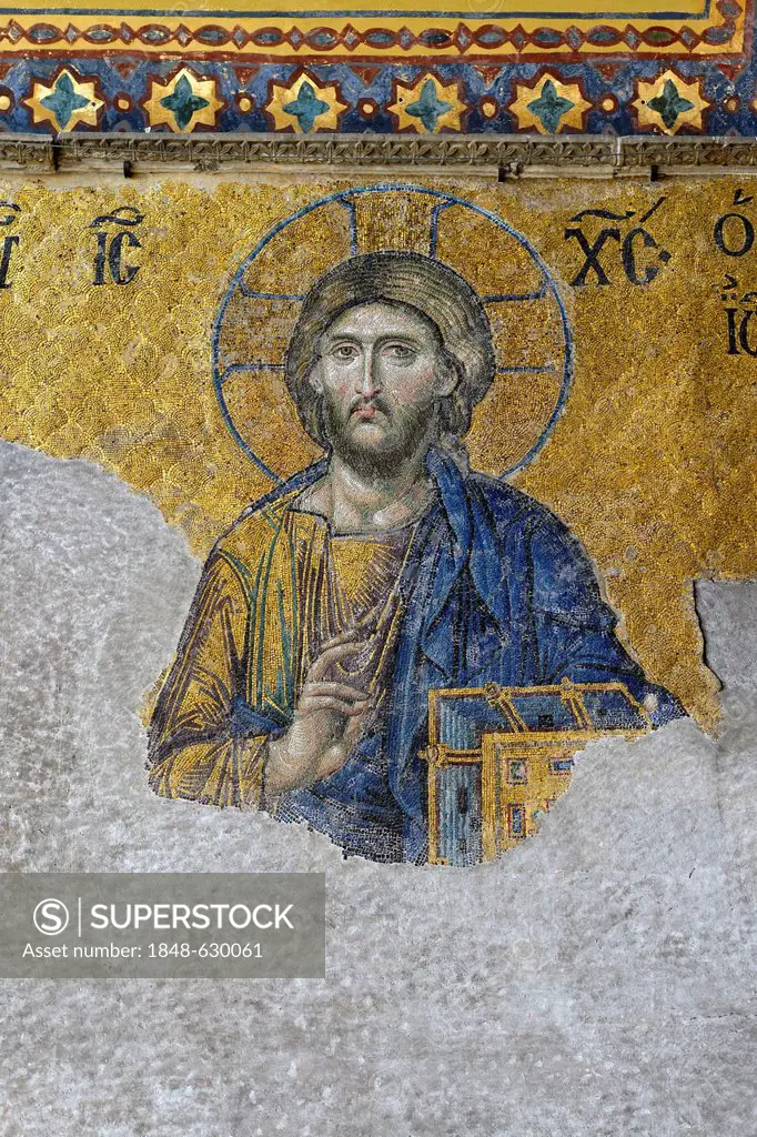 Christ Pantocrator, Christ image, Deësis mosaic on the south gallery, interior view, Hagia Sophia, Ayasofya, UNESCO World Heritage Site, Istanbul, Tur...