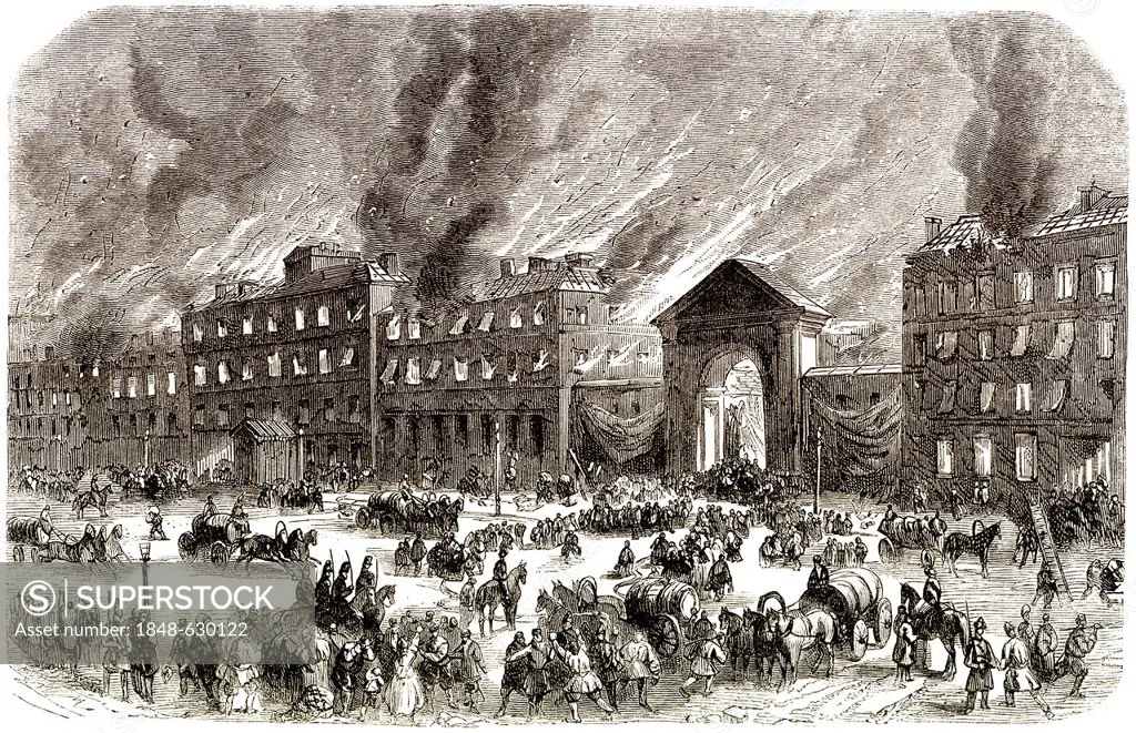 Historic drawing, 19th century, revolt during the times of Russian nihilism, blaze in St. Petersburg, Russia, 1862