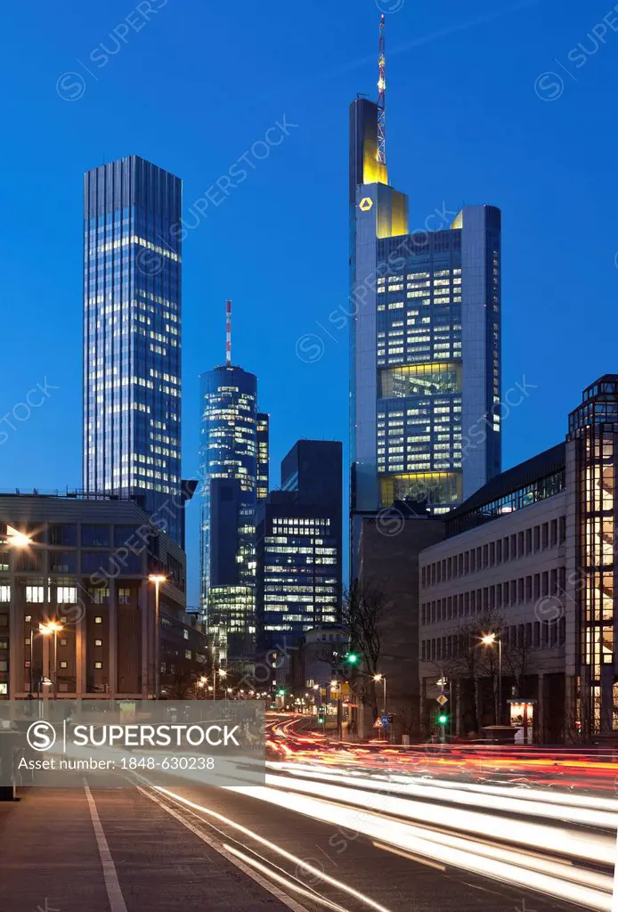View towards Commerzbank Tower, European Central Bank, ECB, the Hessische Landesbank and Main Tower, Frankfurt am Main, Hesse, Germany, Europe