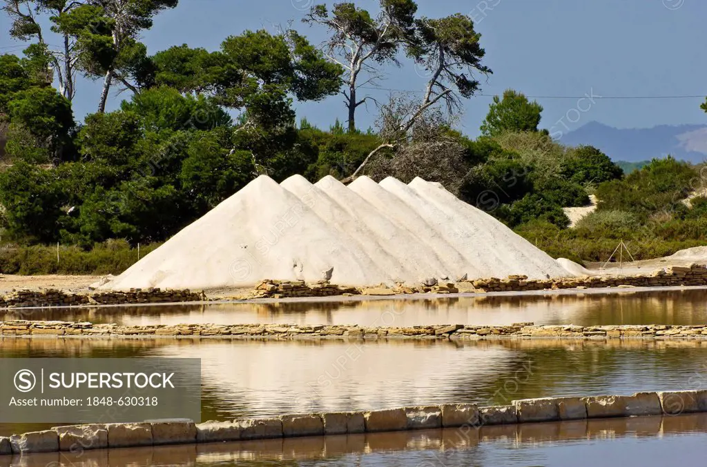 Piles of salt in the salt flats near Colonia Sant Jordi, Majorca, Balearic Islands, Spain, Europe