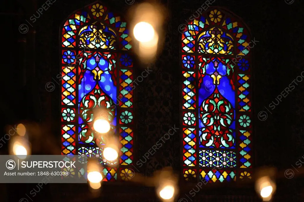 Colourful stained glass windows, interior view of the Sultan Ahmed Mosque or Blue Mosque, Sultanahmet, historic district, a UNESCO World Heritage Site...