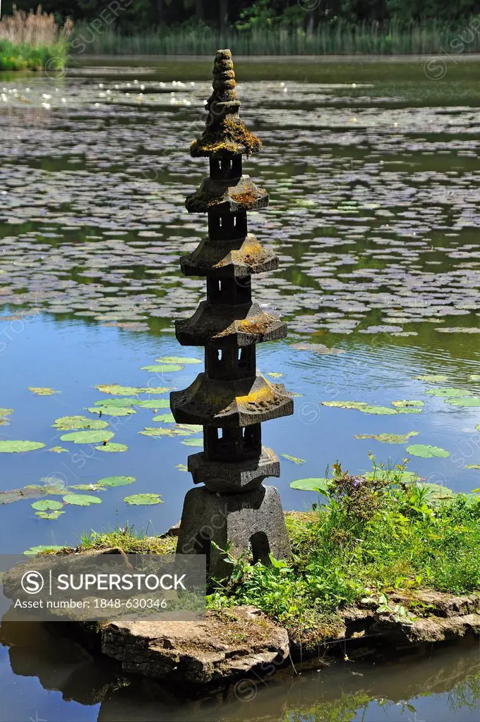 Pagoda on a small island in the Schlosspark garden, Dennenlohe, Middle Franconia, Bavaria, Germany, Europe