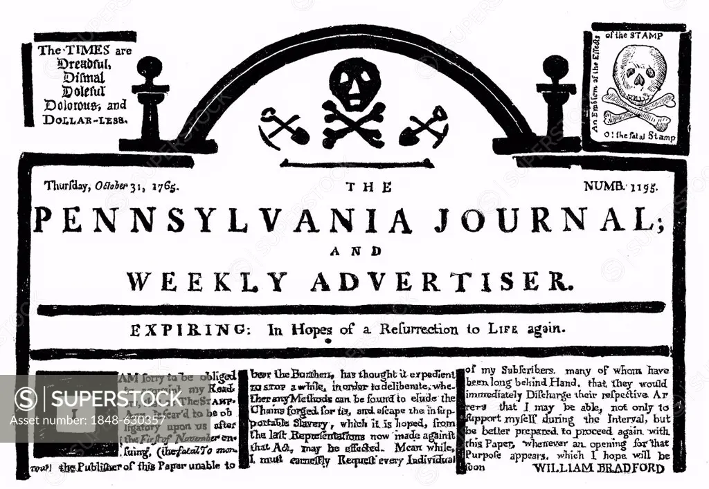 Historical print, US-American history, 18th century, facsimile, reaction in the Pennsylvania Journal on the British Stamp Act in the North American co...