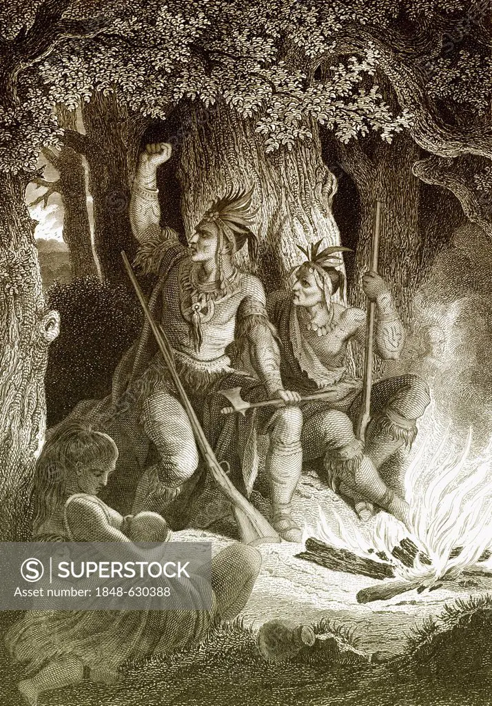 Historic steel engraving, North American Indians sitting around a campfire, illustration on The migration of the Indians, a poem by Nikolaus Lenau or ...