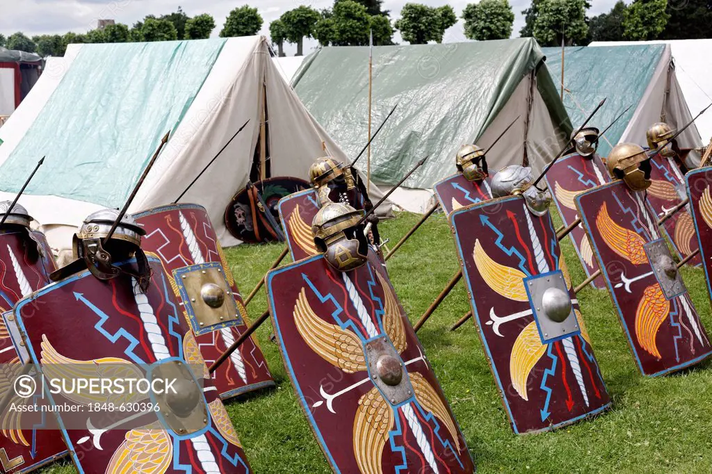 Field camp of legionaries, Roman Festival, Archaeological Park Xanten, Lower Rhine region, North Rhine-Westphalia, Germany, Europe