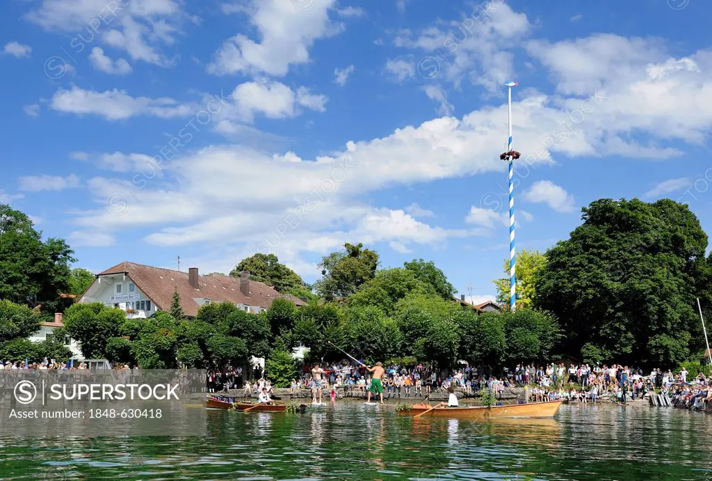 Traditional jousting event on the lake, Fischerstechen, in Ammerland, Muensing municipality, Lake Starnberg, Five Lakes region, Upper Bavaria, Bavaria...