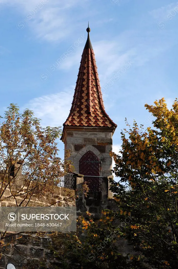 Beobachtungsturm tower with multicoloured tiles on Abenberg Castle, Abenberg, Middle Franconia, Bavaria, Germany, Europe