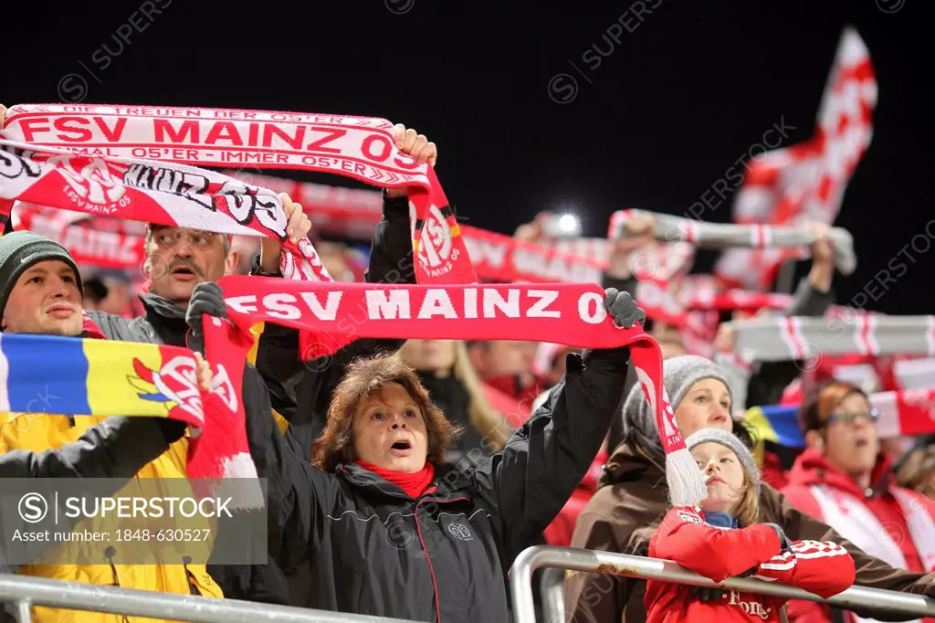Fans of the FSV Mainz 05 in Bruchweg Stadium, Mainz, Rhineland-Palatinate, Germany, Europe