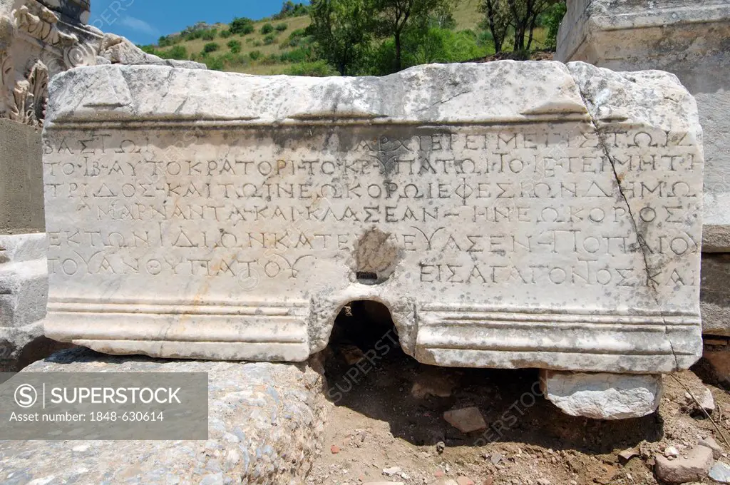 Stone inscription, antique city of Ephesus, Efes, Turkey, Western Asia