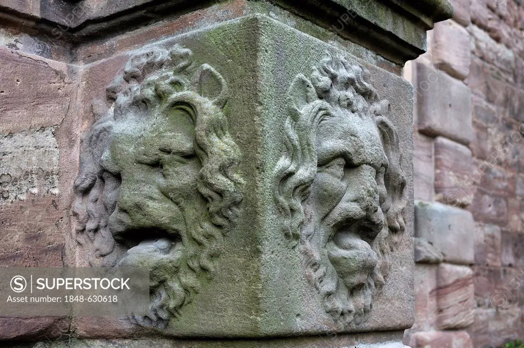 Two lion heads, reliefs, at the bottom of a column by the entrance to Christiansportal, built c. 1607, at Hohe Bastei, high bastion, in the courtyard,...
