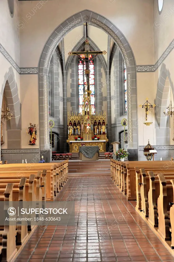 Interior view with altar area, parish church of St. Martin, Staufen im Breisgau, southern Black Forest, Baden-Wuerttemberg, Germany, Europe